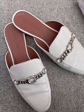Coach White Leather Chain-Trim Mules